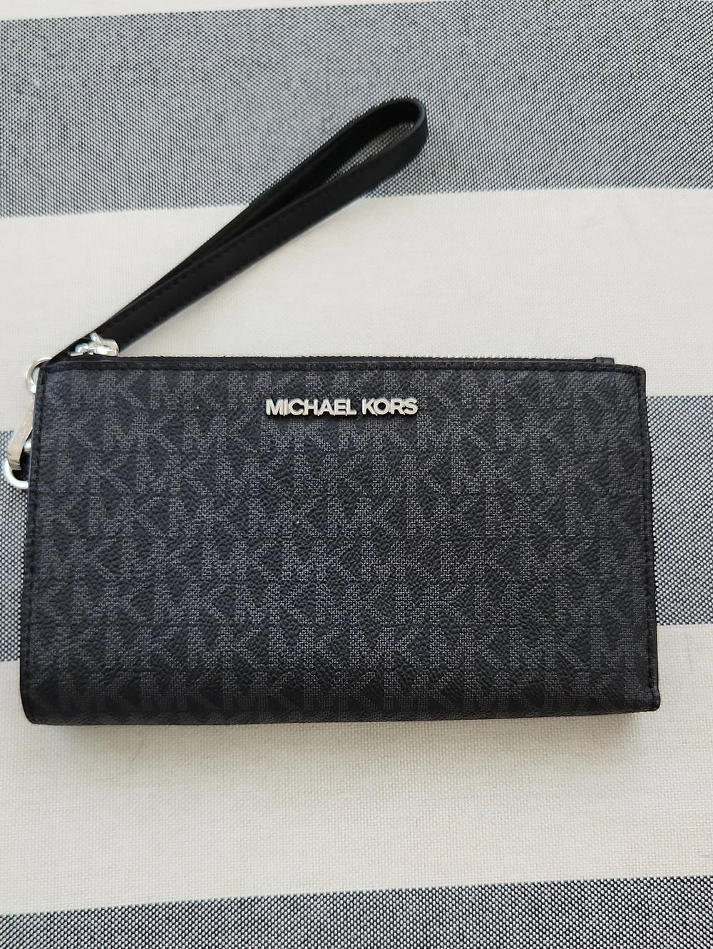 Michael Kors Black MK Logo Wristlet Wallet with Silver Hardware